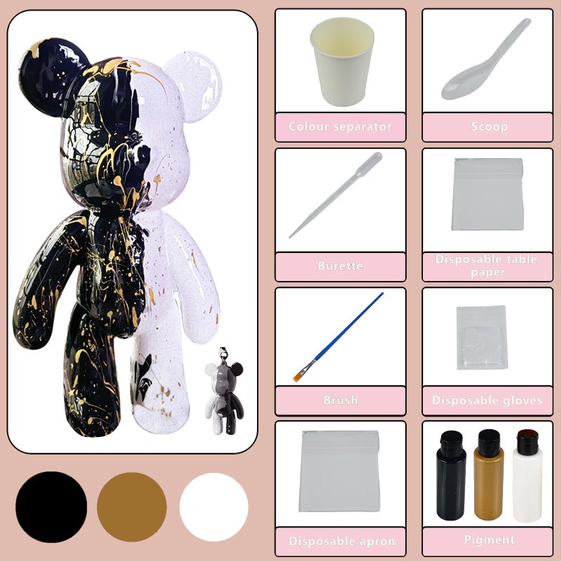 Coniuty DIY (Black+White+Gold  9 Inch) Fluid Bear + Bear Keychain Figure Paint Set for Creative Graffiti Art Multicolor Painting - Image 3